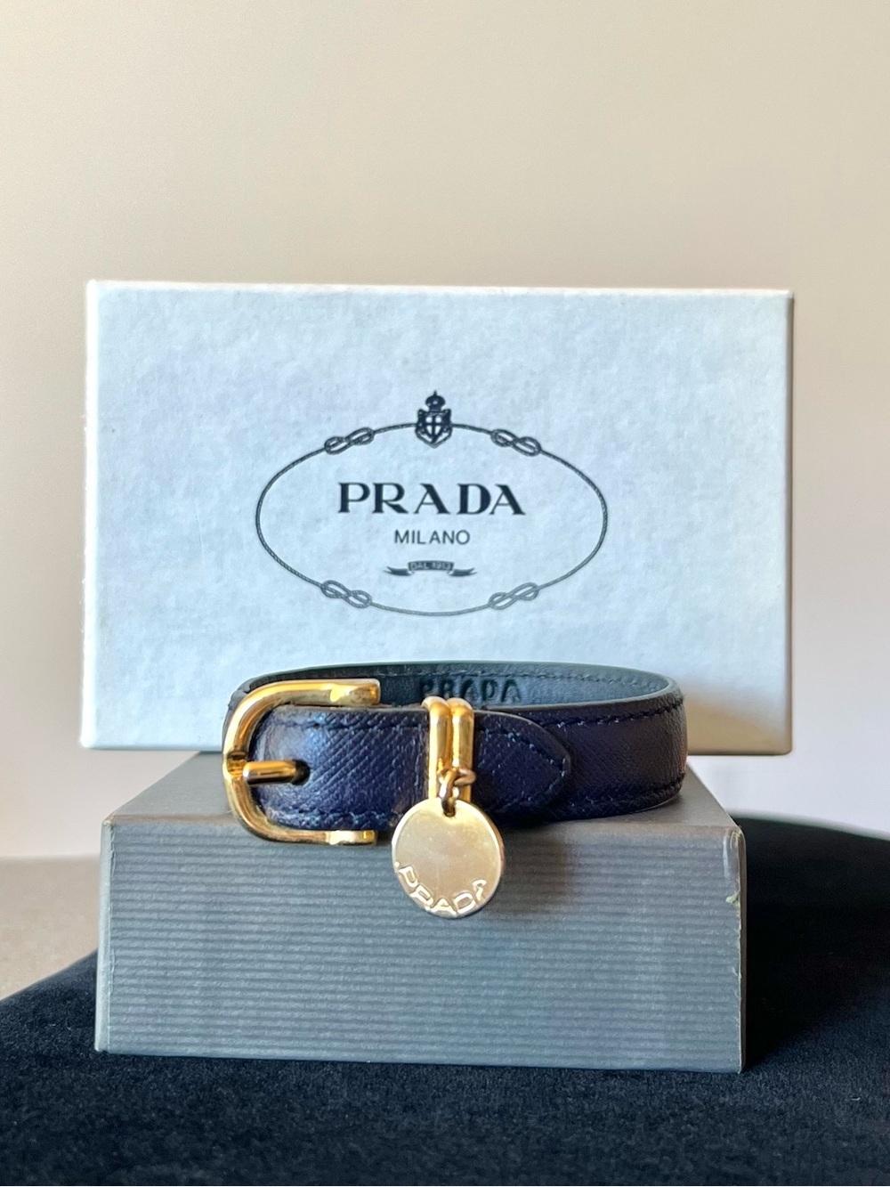 Prada Blue Saffiano Leather Gold Tone Metal Buckle Bracelet